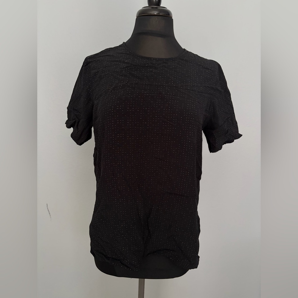 Eileen Fisher Black Short-Sleeve Crewneck Top with Micro Dot Texture
